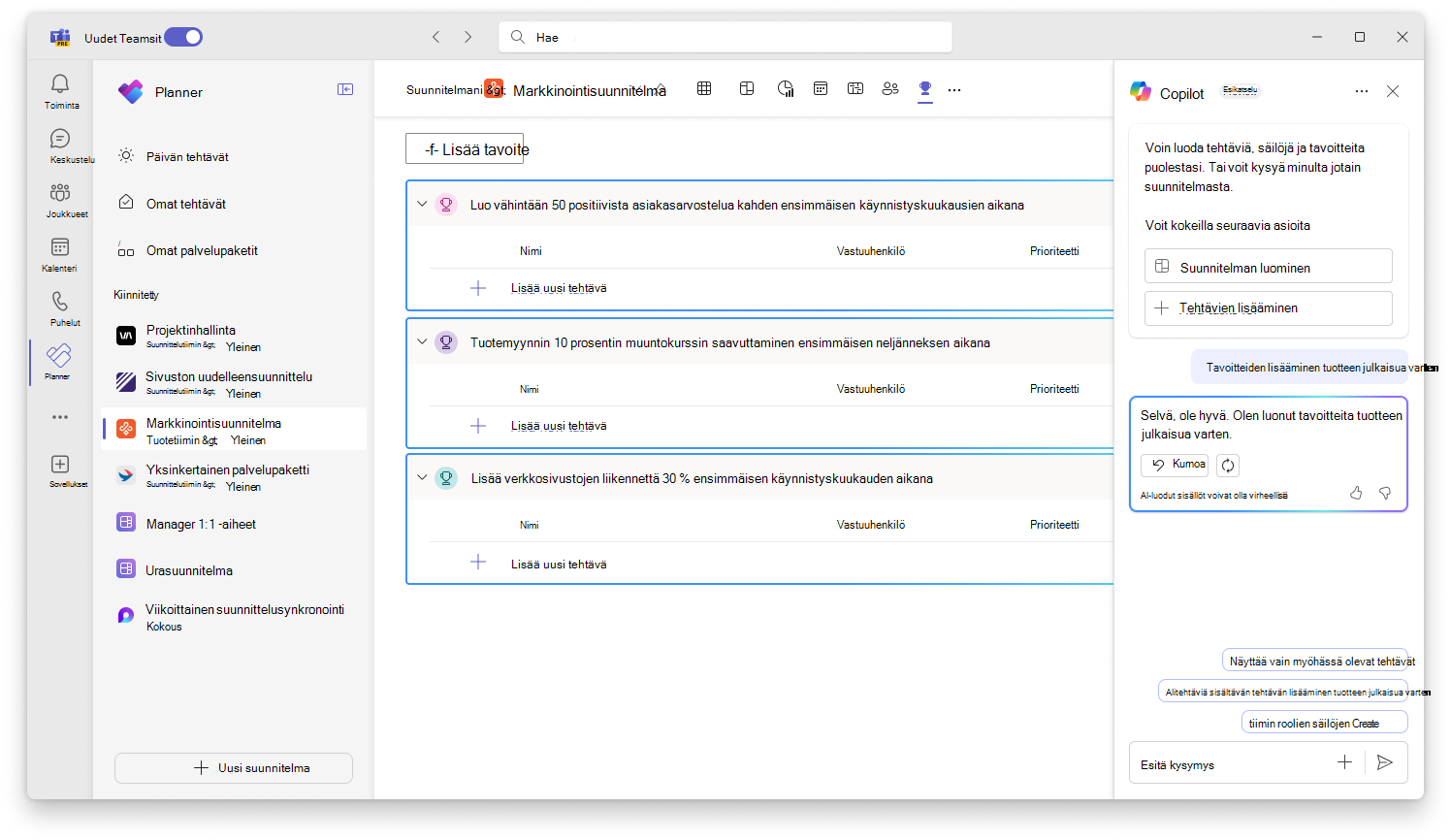 Näyttökuvassa näkyy Plannerin Copilotin käyttöliittymä, jossa luodaan tavoitteita.