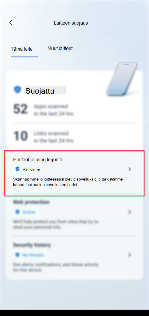 Androidin Microsoft Defender laitteen suojauskortti, jossa näkyy korostettuna Haittaohjelmien torjunta -osa.