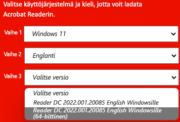 Ikkuna, jossa näkyy Adoben asennusversioiden avattava valikko.