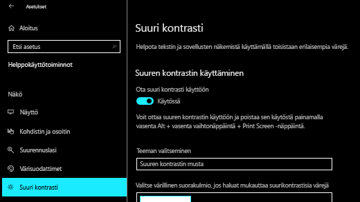 Ota suuri kontrasti käyttöön Windows 10 Asetukset-sovelluksessa.