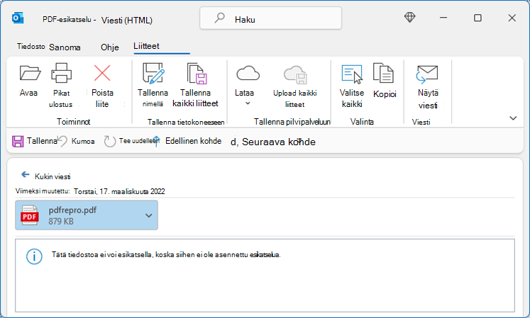 Virhe PDF-tiedostossa, kun sitä yritettiin näyttää Outlookista käsin