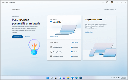 Microsoft Defenderin koontinäyttö Windowsissa