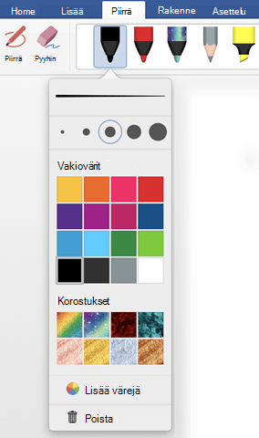 Kynän väri- ja paksuusasetukset Officen kynävalikoimassa Piirrä-välilehdessä