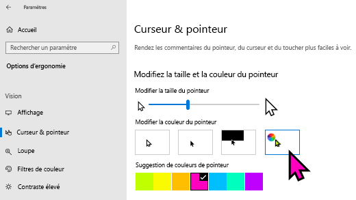 Modifier la taille et la couleur du pointeur dans Windows 10'application Paramètres