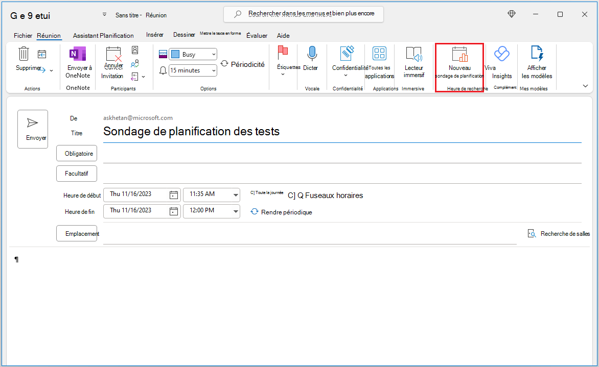 Créez un sondage de planification dans le formulaire de composition d’événements du calendrier.