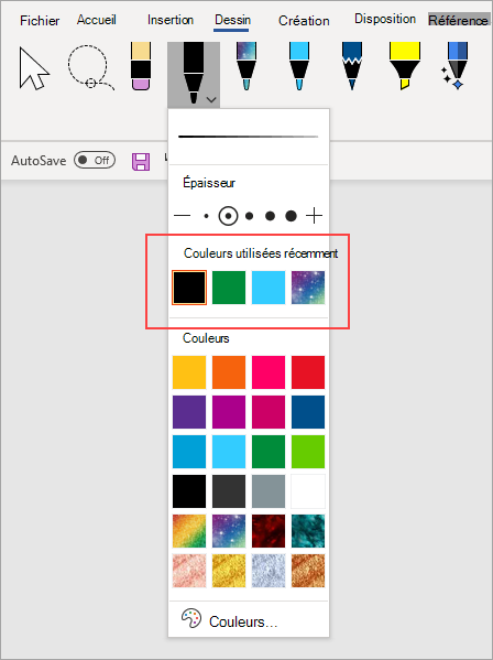 Option de stylet Couleurs récentes