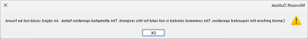 תיבת הודעת שגיאה עבור Microsoft Outlook עם טקסט מעל.