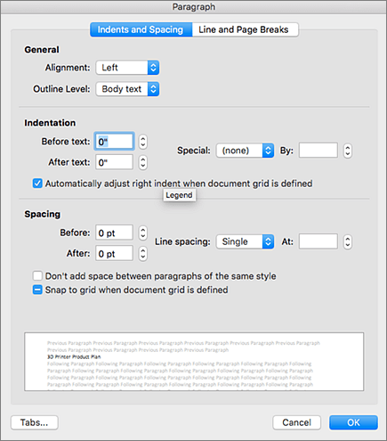 תיבת הדו-שיח 'פיסקה' Outlook עבור Mac.