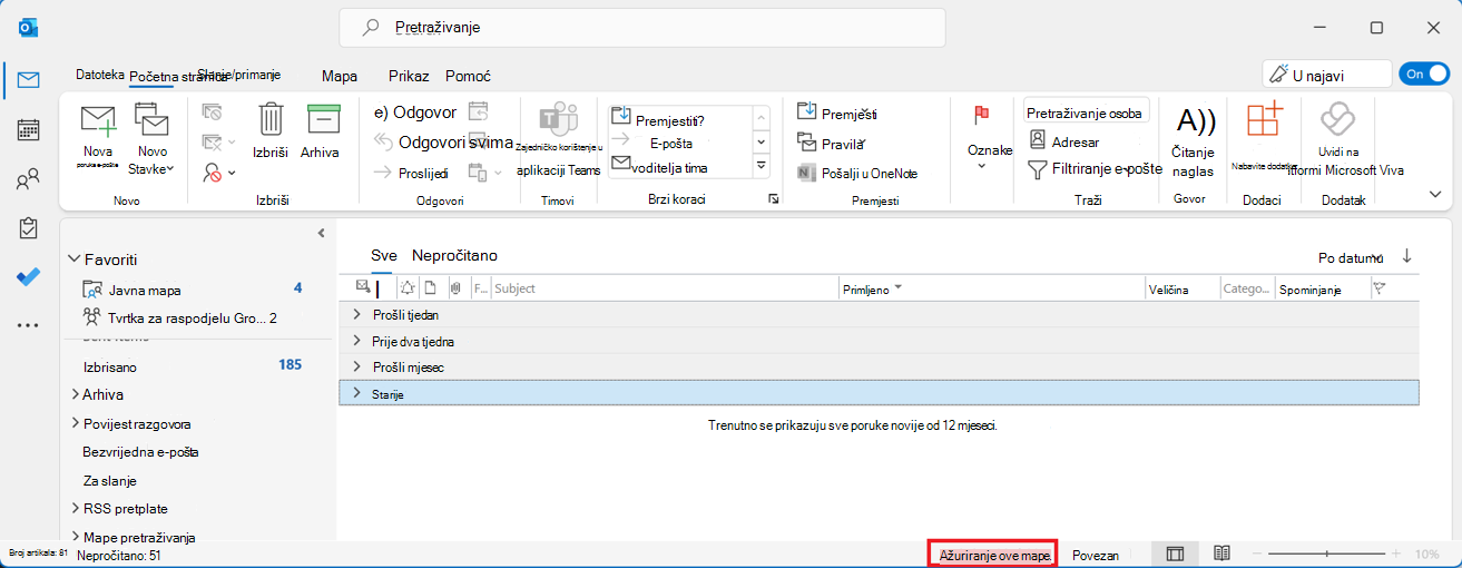 Zajednički poštanski sandučić programa Outlook s ažuriranjem poruke mape zaokruženog crvenim okvirom