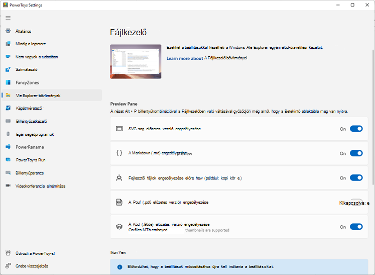 A Power Toys beállításait megjelenítő ablak.