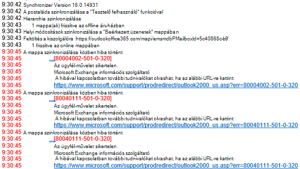 Hibalista az Outlook-naplóban
