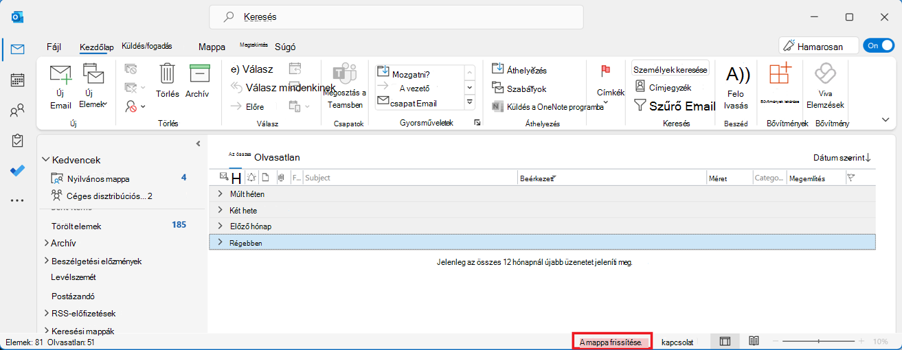 Az Outlook megosztott postaládája a Mappa frissítése üzenettel, piros mezőben bekarikázva