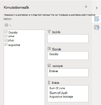 A Webes Excel Kimutatásmezők panelje a kijelölt mezőkkel.