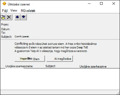 Az Outlook ütköző üzenet párbeszédpanelje