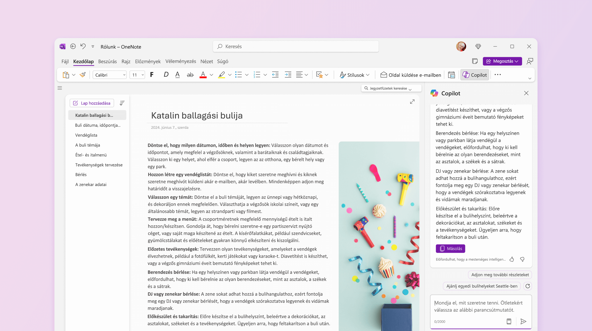 Képernyőkép arról, ahogy a Copilot kipróbálandó javaslatokat tesz a OneNote-ban.