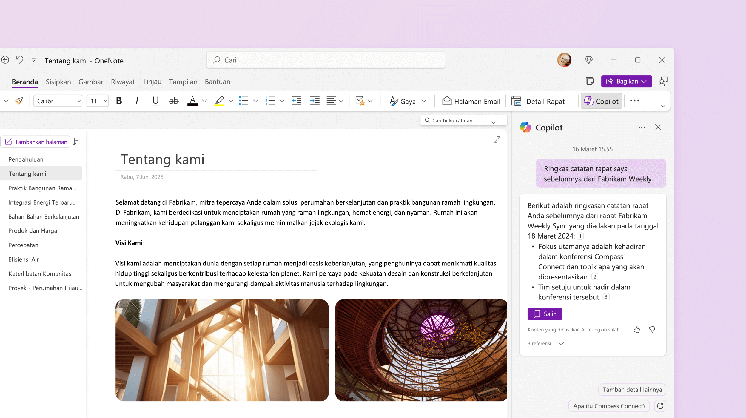 Cuplikan layar menampilkan Copilot di OneNote meringkas catatan.