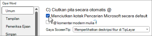 Kotak dialog Opsi > File memperlihatkan opsi Ciutkan kotak Pencarian Microsoft secara default.