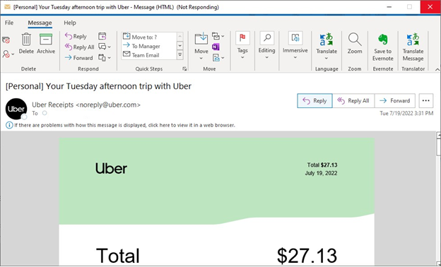 Cuplikan layar Outlook berhenti menampilkan email tanda terima Uber