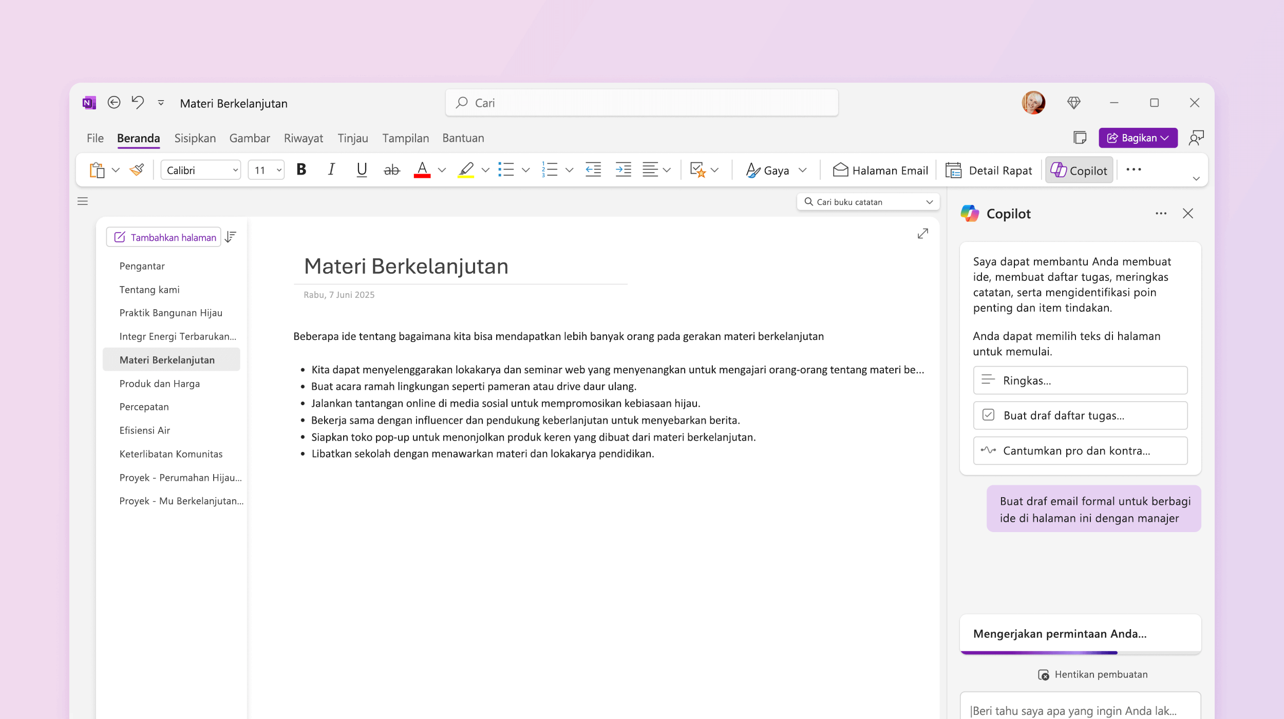 Cuplikan layar menampilkan Copilot di OneNote membuat draf rencana.