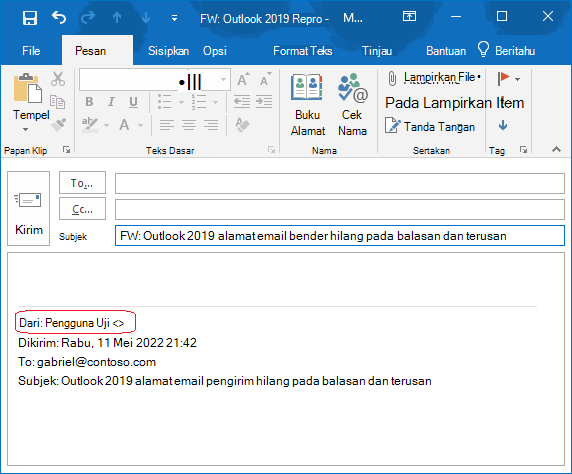 Dalam isi email, alamat email pengirim pesan asli hilang