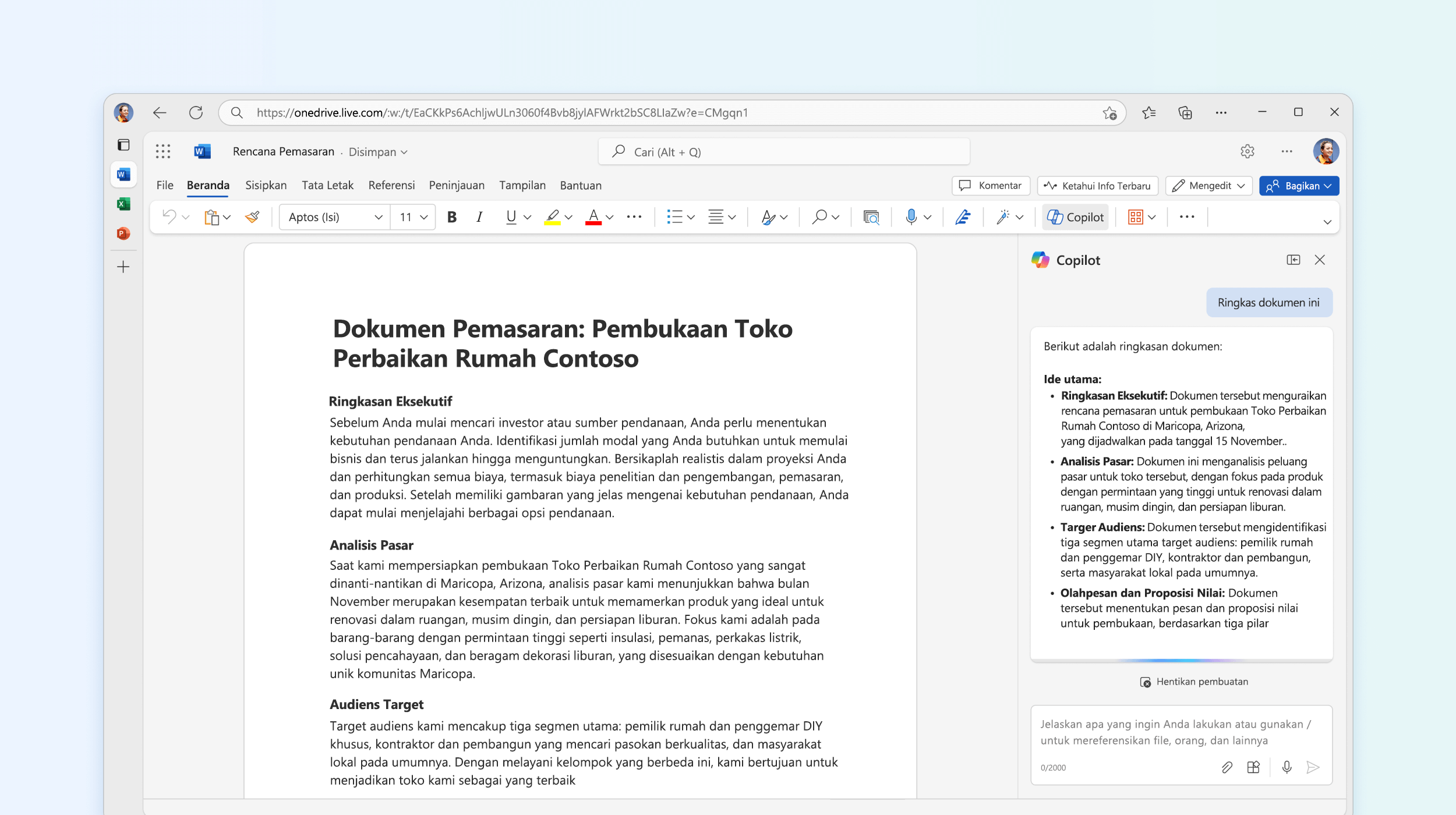 Cuplikan layar memperlihatkan Copilot di Word yang meringkas dokumen.