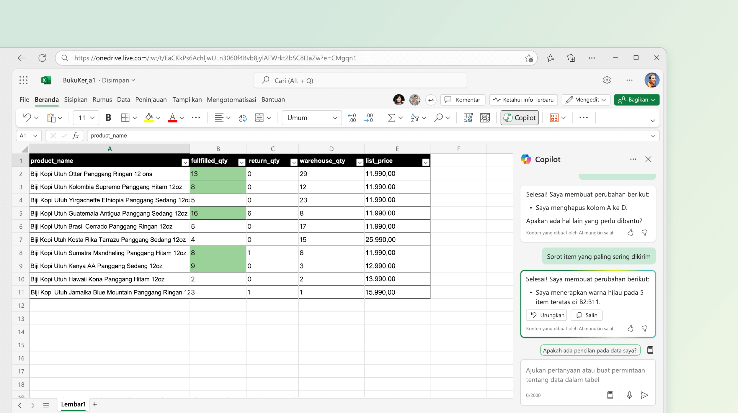 Cuplikan layar memperlihatkan Copilot di Excel yang membuat perubahan pada data yang sudah ada.