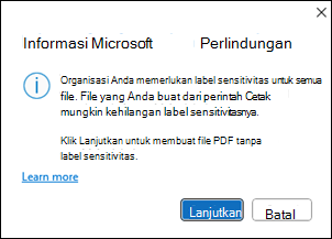 Jendela buat PDF proteksi Info Microsoft