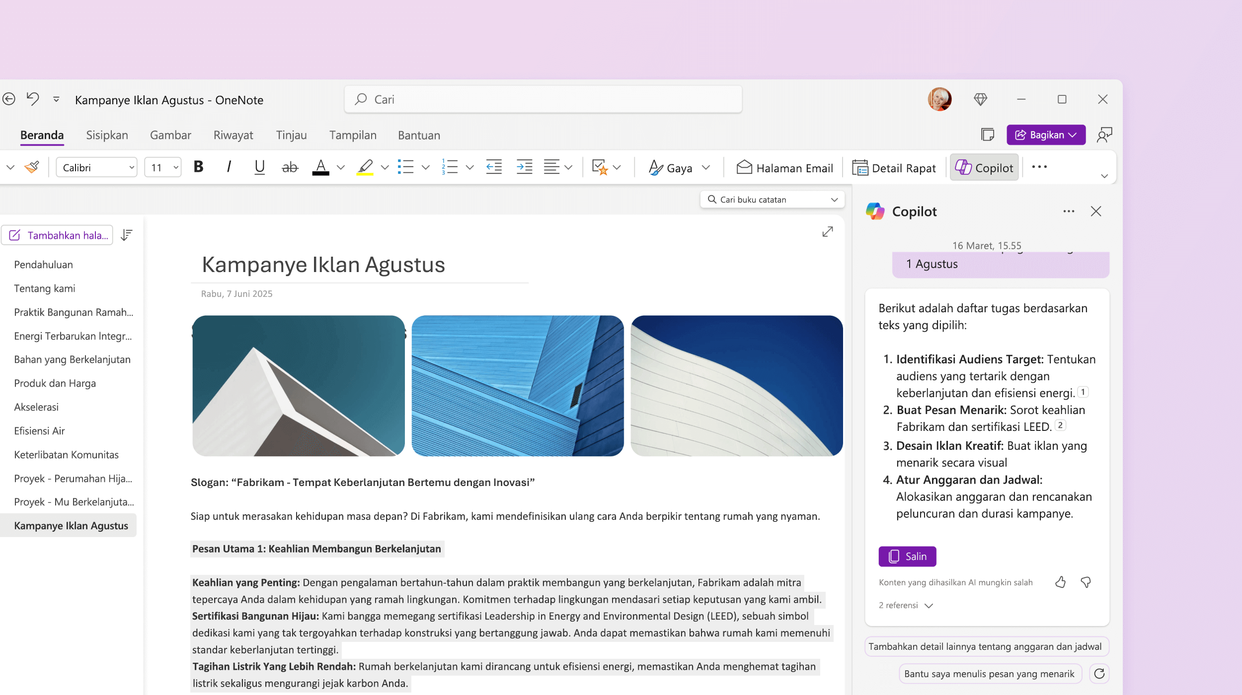 Cuplikan layar menampilkan Copilot di OneNote membuat daftar tugas.