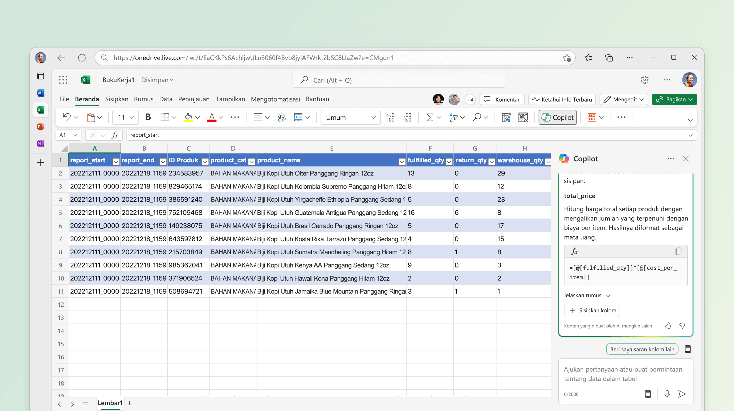 Cuplikan layar memperlihatkan Copilot di Excel yang menyarankan rumus untuk penghitungan.