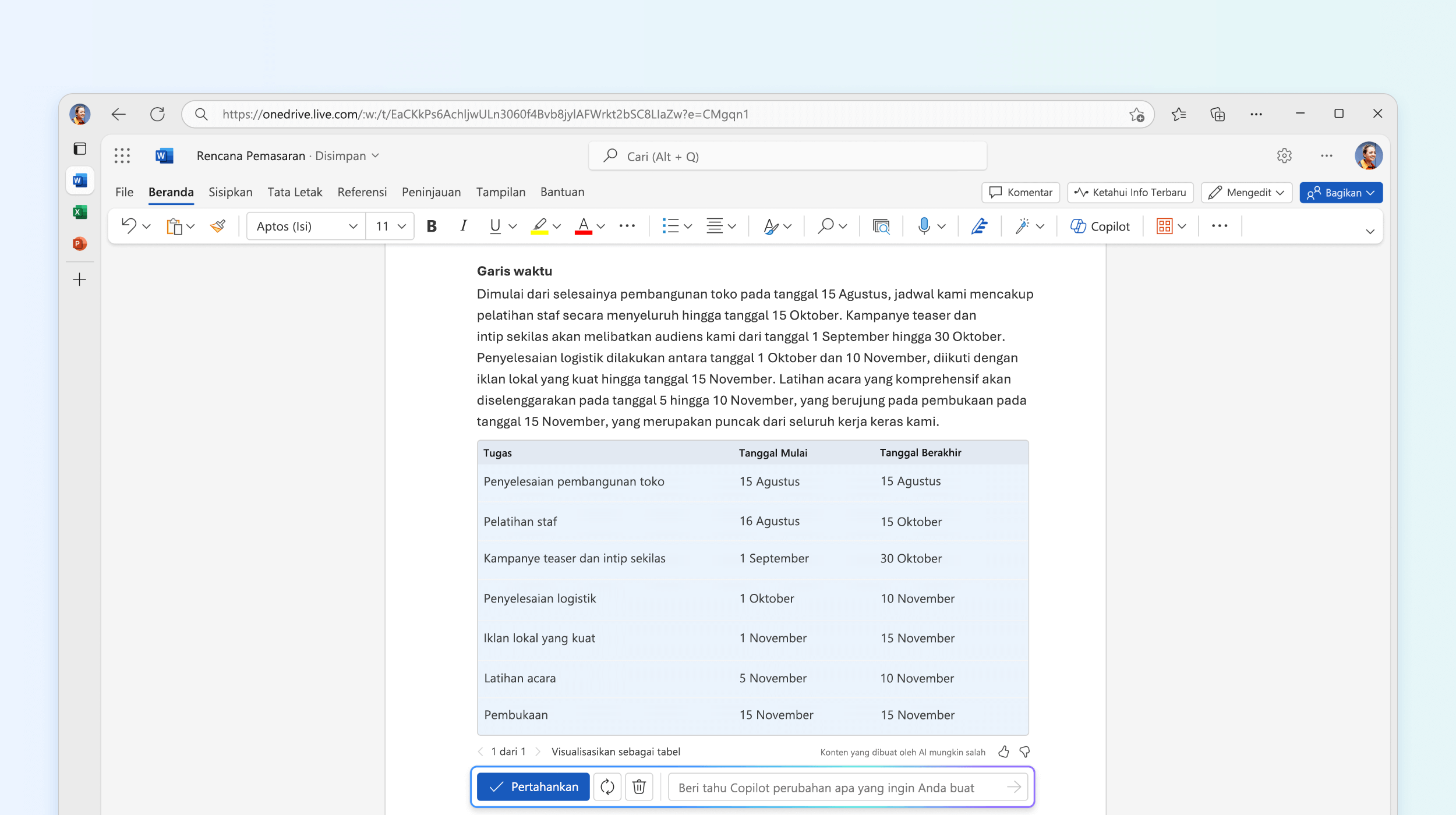 Cuplikan layar teks ke tabel di Copilot di Word