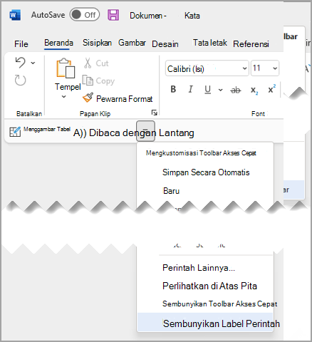 Menu menurun Toolbar Akses Cepat pilih Sembunyikan Label Perintah