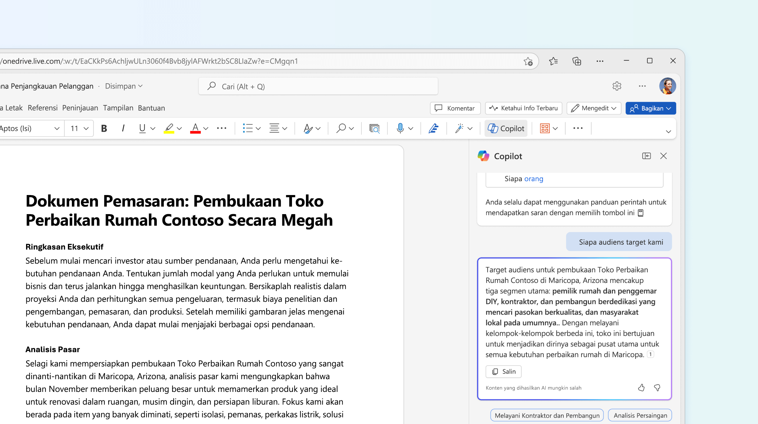 Cuplikan layar memperlihatkan Copilot di Word menjawab pertanyaan tentang dokumen.