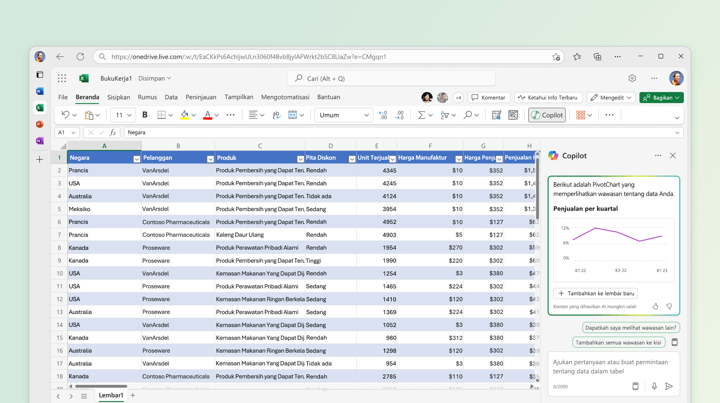 Cuplikan layar memperlihatkan Copilot di Excel yang mengidentifikasi wawasan dari data yang sudah ada.