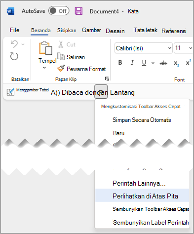 Menu turun bawah Akses Cepat Perlihatkan di atas pita