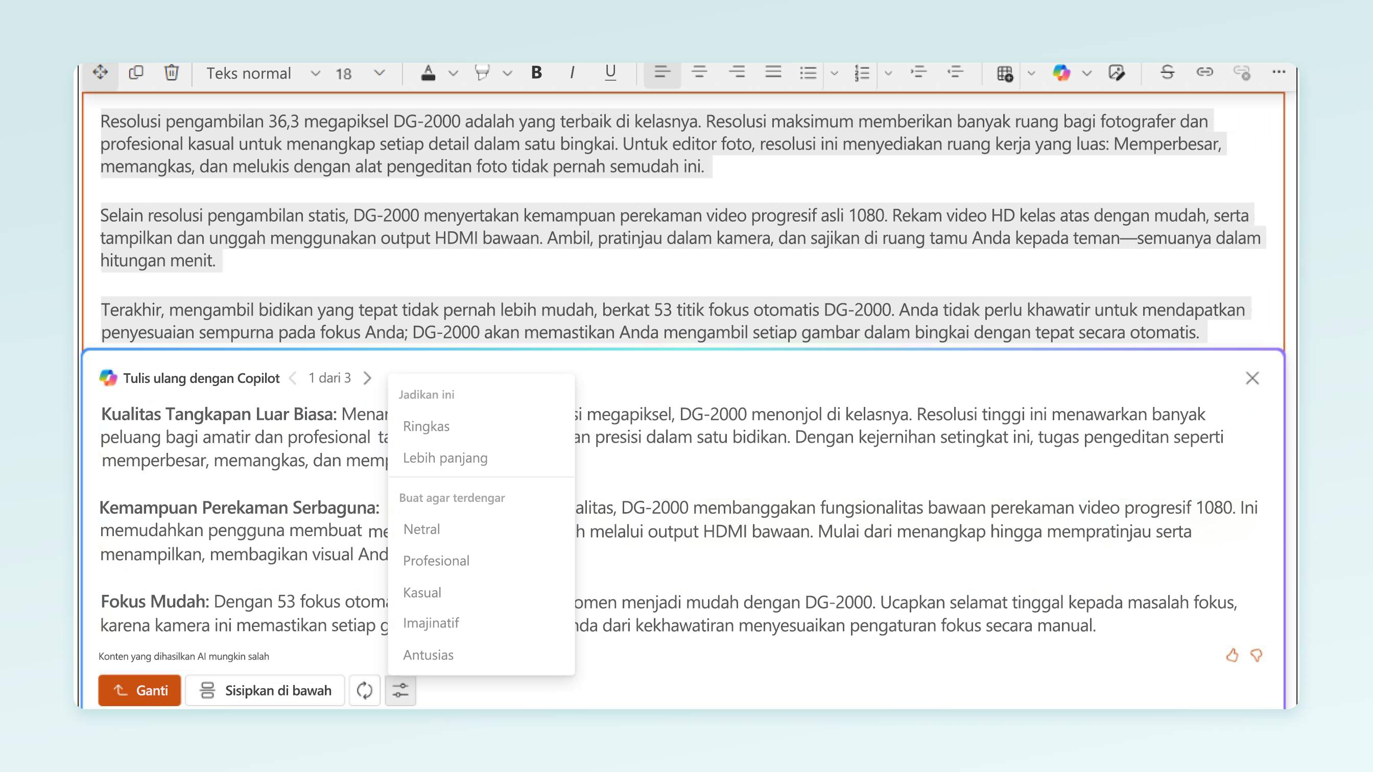 Cuplikan layar Untuk halaman arahan tulis dengan Copilot di editor teks kaya SharePoint