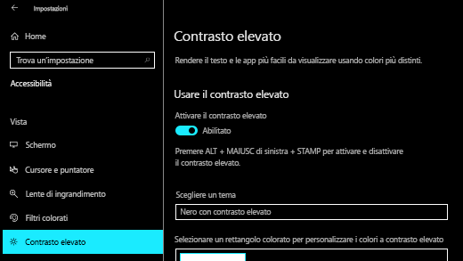 Attiva il contrasto elevato nell'app Impostazioni Windows 10.