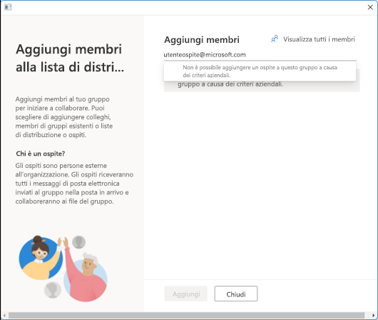 Non è possibile aggiungere un guest a questo gruppo a causa dei criteri aziendali.