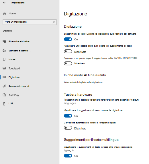 Opzione per i suggerimenti di testo durante la digitazione in Windows