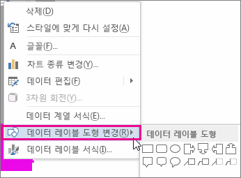 데이터 레이블 도형 변경 메뉴 명령 및 도형 갤러리