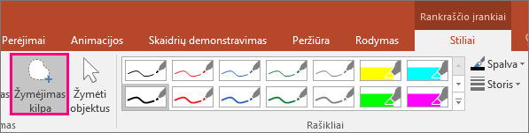 Rodomas mygtukas Kilpos pasirinkimas rankraščio įrankiuose