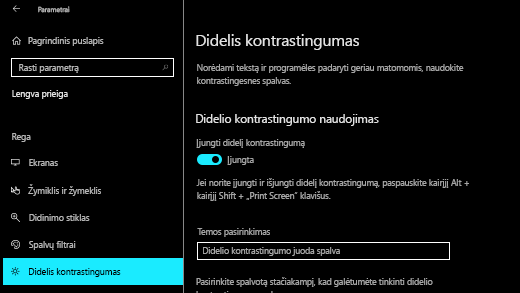 Įjunkite didelį kontrastingumą programėlėje Windows 10 Parametrai.