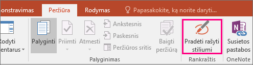 Rodo mygtuką Pradėti rašyti stiliumi „Office“ skirtuke Peržiūra