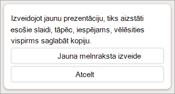 Ekrānuzņēmums ar programmā PowerPoint esošu brīdinājumu programmā Copilot par to, kā jaunas prezentācijas izveide aizstās esošos slaidus