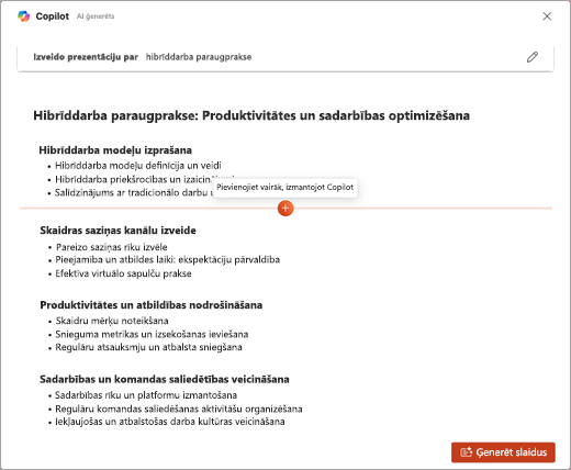 Ekrānuzņēmums ar līdzekli Pievienot vēl ar Copilot programmā PowerPoint Copilot.
