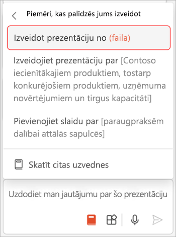 Ekrānuzņēmums ar Copilot PowerPoint uzvednes izvēlni, kurā iezīmēta opcija Izveidot prezentāciju no faila