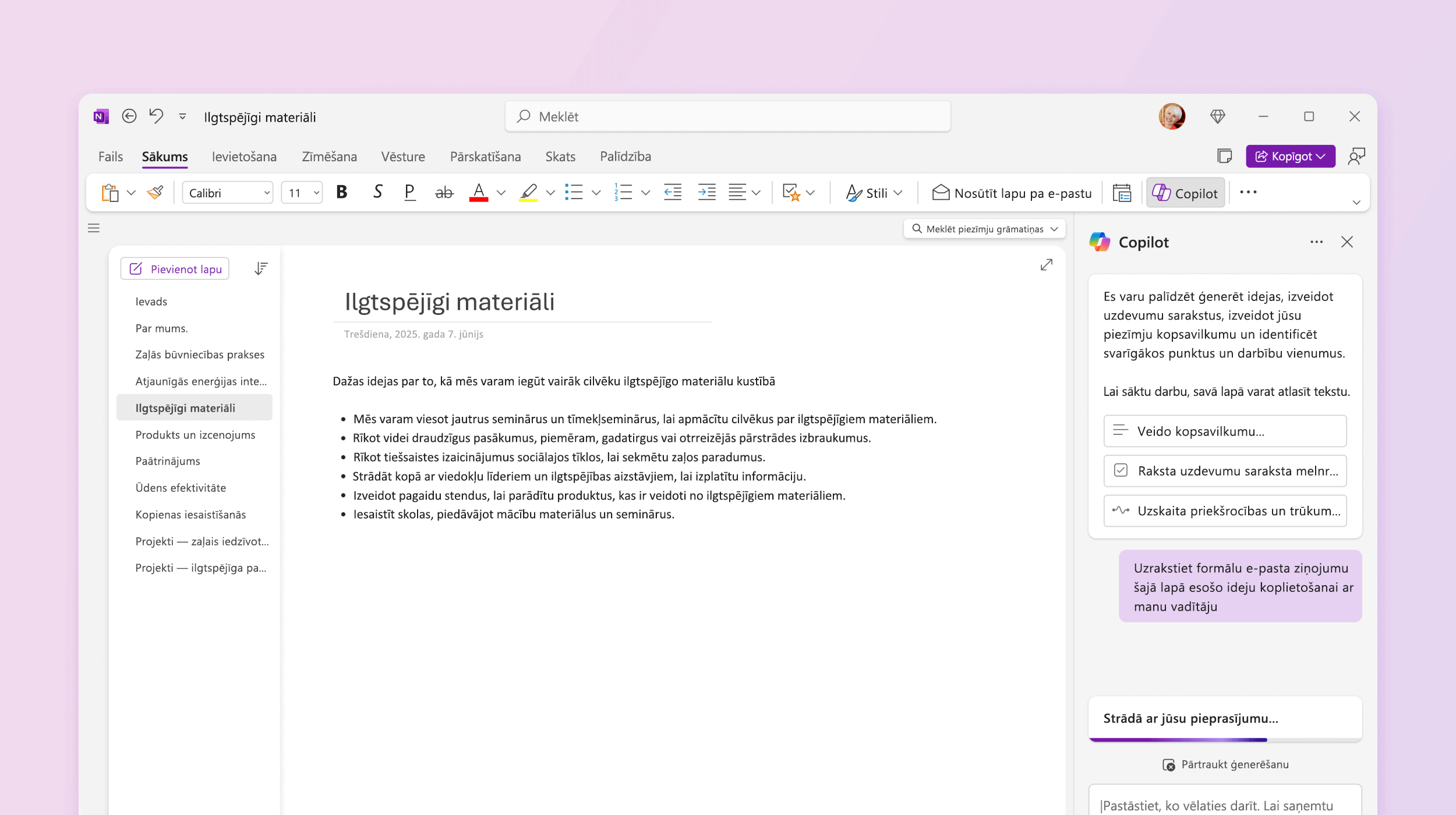 Ekrānuzņēmums, kurā redzams, kā Copilot programmā OneNote veido plāna melnrakstu.