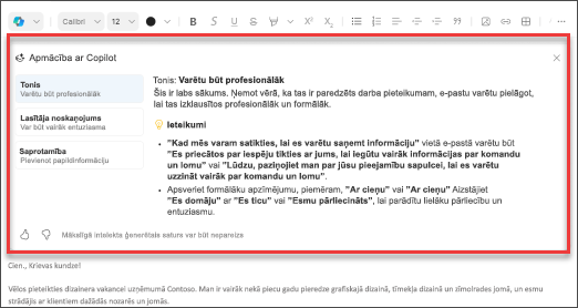 Copilot ieteikumi toņu, skaidrības un lasītāju noskaņojumam programmā Outlook mobilajām ierīcēm