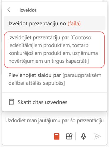 Ekrānuzņēmums ar uzvednes izvēlni programmā Copilot programmā PowerPoint, kurā iezīmēta opcija Izveidot prezentāciju par