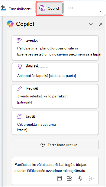 Copilot rūts programmā OneNote lapas labajā pusē.