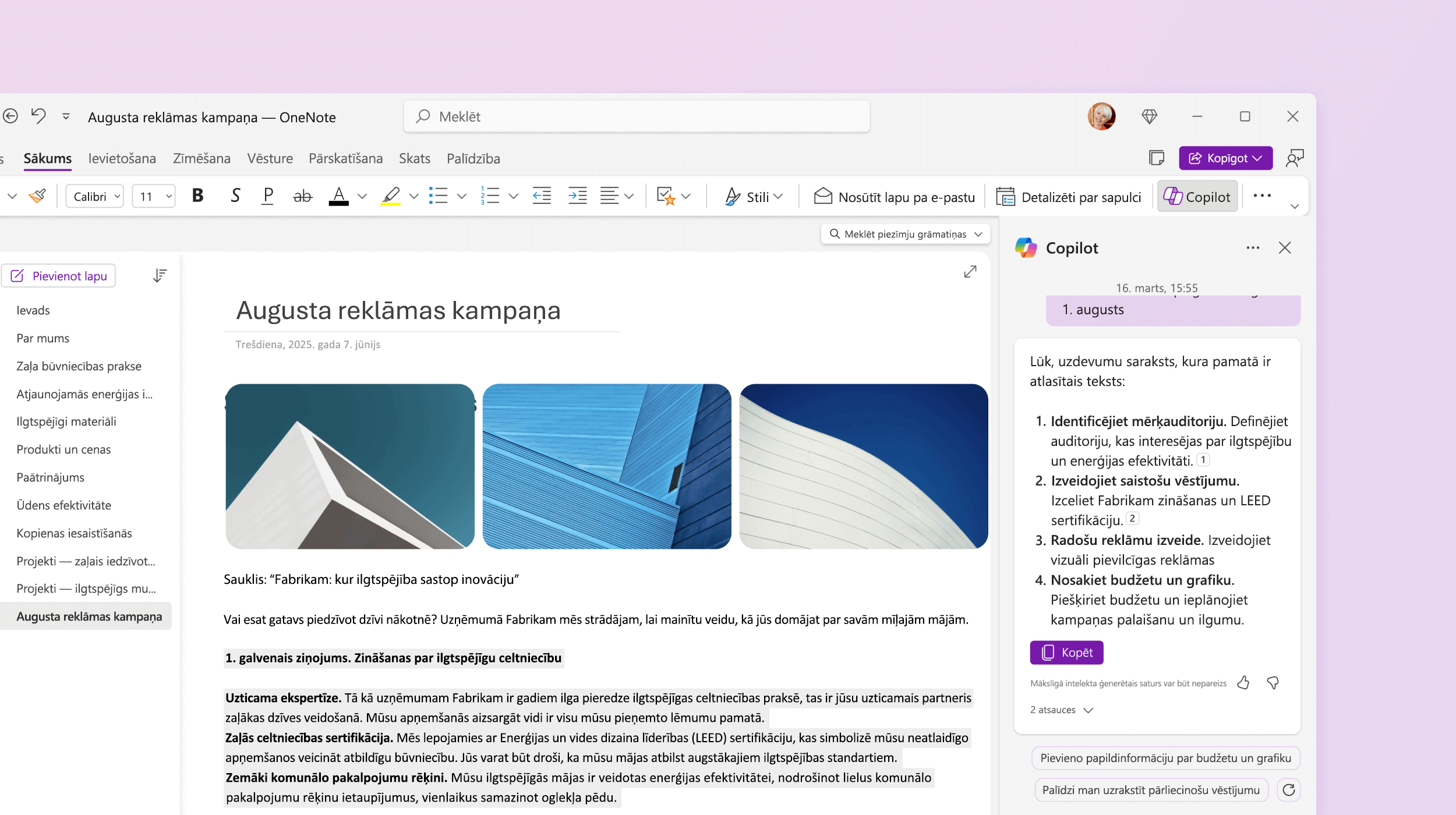 Ekrānuzņēmums, kurā redzams, kā Copilot programmā OneNote veido uzdevumu sarakstu.